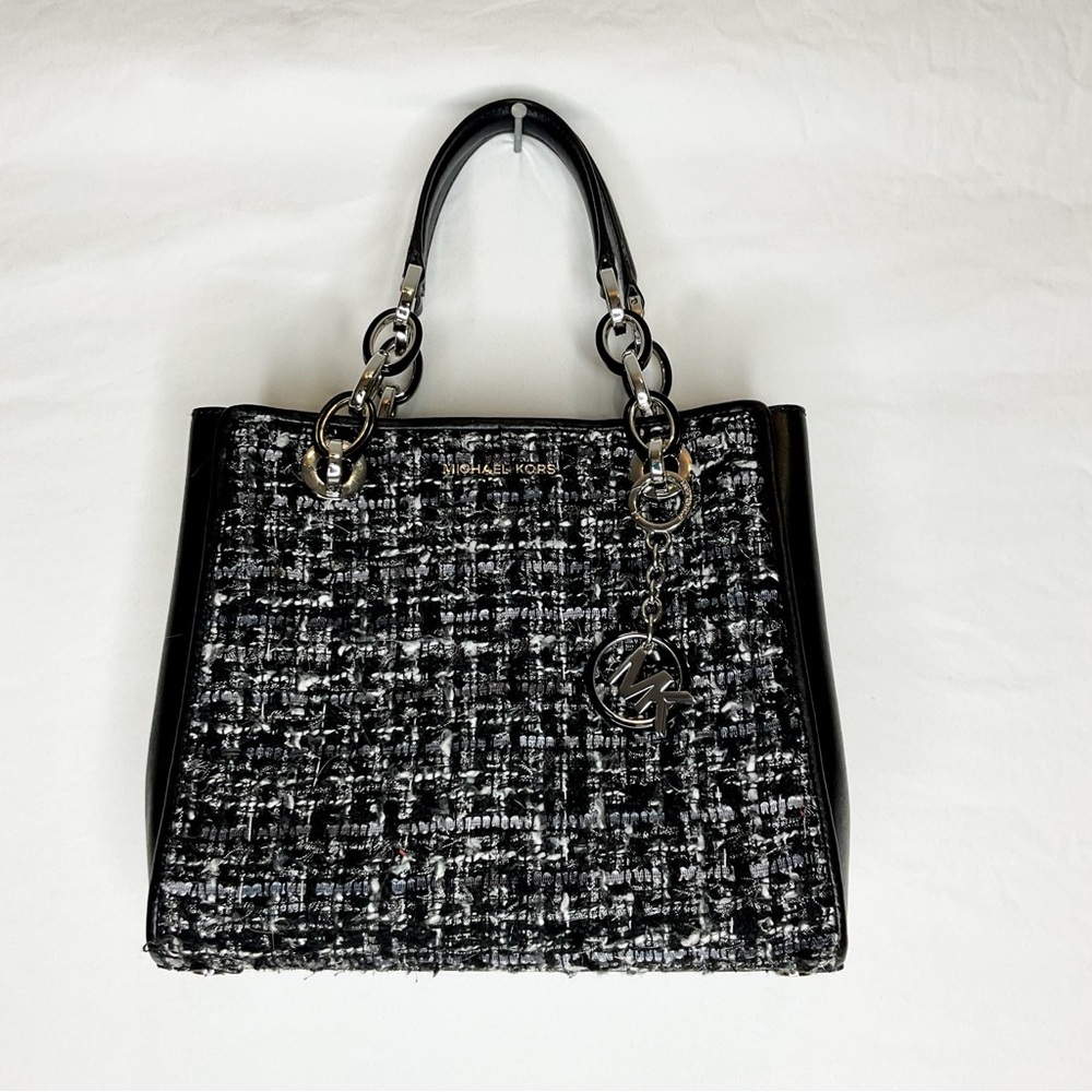 Michael Kors Black Tweed Leather Tote Crossbody Bag